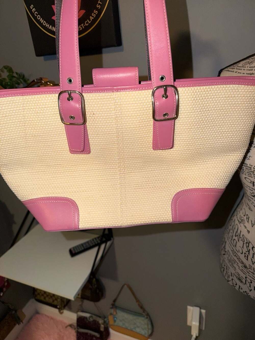 Vintage Coach Hampton Straw Tote Bag with Pink Leather Trim 4468